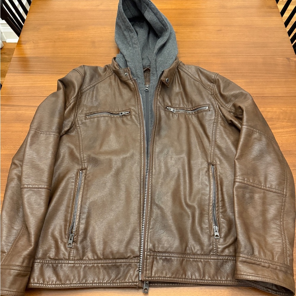 Guess Mens Faux-Leather Detachable-Hood Jacket
